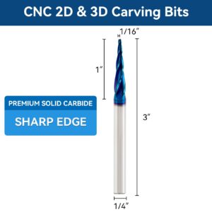 CNC Router Bits 1/4 Shank Spiral Ball Nose 2D & 3D Carving Bits 5.4 Deg Tapered Angle Ball Tip R0.8 1/4"Shank 3"OVL for Wood Carving Engraving