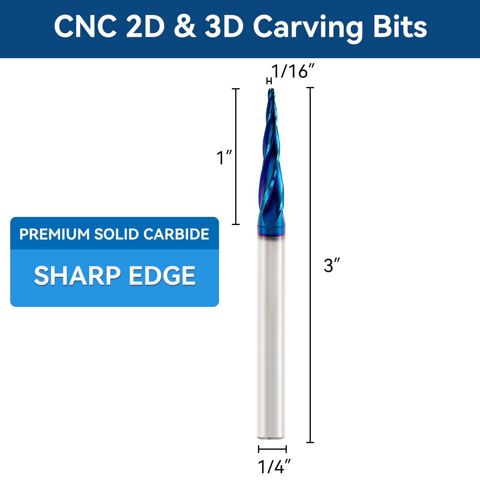 CNC Router Bits 1/4 Shank Spiral Ball Nose 2D & 3D Carving Bits 5.4 Deg Tapered Angle Ball Tip R0.8 1/4"Shank 3"OVL for Wood Carving Engraving