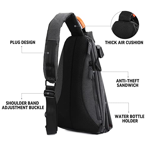 WISEPACK Sling Bag for Men Women,Crossbody Bag Men Shoulder Bag Sling Small Backpack Chest Bags One Strap Backpack Side Bags for Hiking Walking Biking Travel Cycling with USB Charger Port Grey