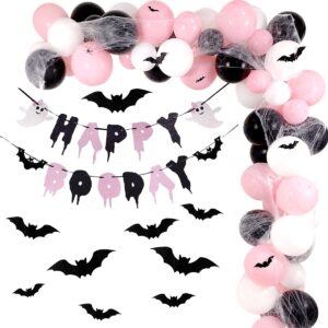 pink halloween party decorations with happy boo day banner, spider web, bat wall decor, pink and black balloons for halloween birthday party decorations, halloween baby shower