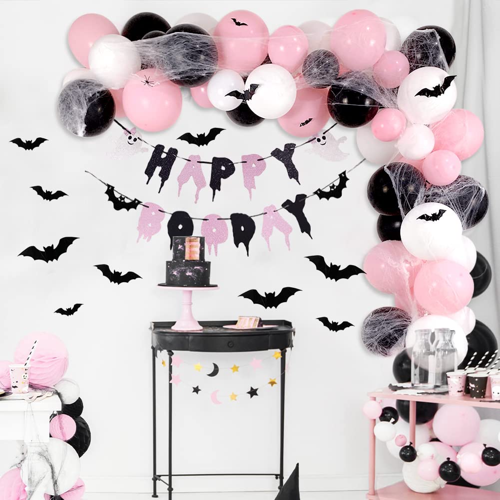 Pink Halloween Party Decorations with Happy Boo Day Banner, Spider Web, Bat Wall Decor, Pink and Black Balloons for Halloween Birthday Party Decorations, Halloween Baby Shower