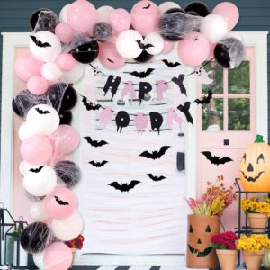 Pink Halloween Party Decorations with Happy Boo Day Banner, Spider Web, Bat Wall Decor, Pink and Black Balloons for Halloween Birthday Party Decorations, Halloween Baby Shower