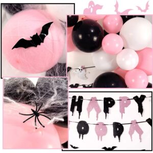 Pink Halloween Party Decorations with Happy Boo Day Banner, Spider Web, Bat Wall Decor, Pink and Black Balloons for Halloween Birthday Party Decorations, Halloween Baby Shower