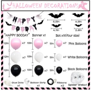 Pink Halloween Party Decorations with Happy Boo Day Banner, Spider Web, Bat Wall Decor, Pink and Black Balloons for Halloween Birthday Party Decorations, Halloween Baby Shower