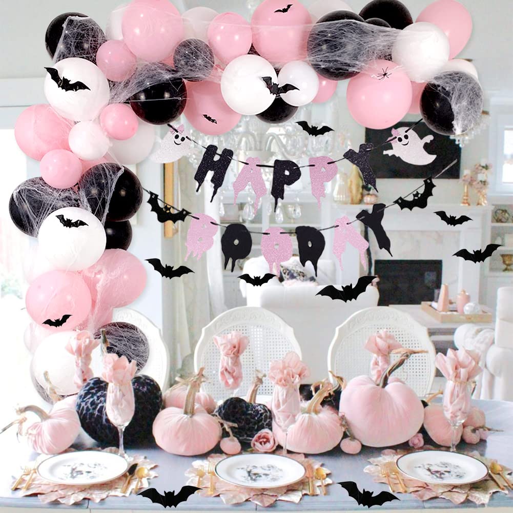 Pink Halloween Party Decorations with Happy Boo Day Banner, Spider Web, Bat Wall Decor, Pink and Black Balloons for Halloween Birthday Party Decorations, Halloween Baby Shower