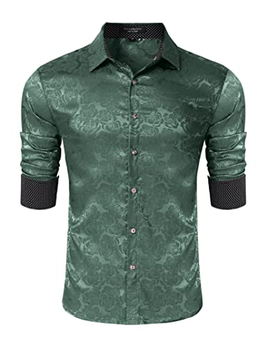 EliteSpirit Mens Rose Printed Dress Shirts Floral Button Down Shirt Long Sleeve Shirts for Party Prom Green S