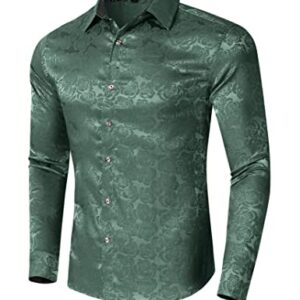 EliteSpirit Mens Rose Printed Dress Shirts Floral Button Down Shirt Long Sleeve Shirts for Party Prom Green S