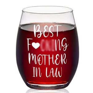 modwnfy best mother in law stemless wine glass, special mom gift for mother in law on christmas mother's day birthday from son in law daughter in law father in law, 15 oz