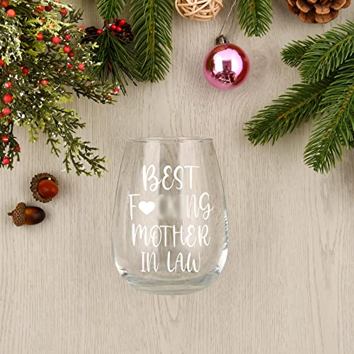 Modwnfy Best Mother in Law Stemless Wine Glass, Special Mom Gift for Mother in Law on Christmas Mother's Day Birthday From Son in Law Daughter in Law Father in Law, 15 Oz