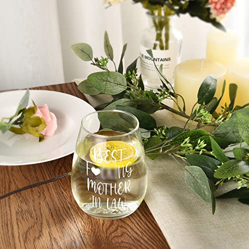 Modwnfy Best Mother in Law Stemless Wine Glass, Special Mom Gift for Mother in Law on Christmas Mother's Day Birthday From Son in Law Daughter in Law Father in Law, 15 Oz