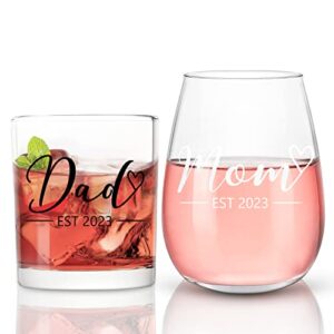 modwnfy mom & dad est 2023 stemless wine glass and whiskey glass set, new parents gift for christmas baby shower mother's day father's day anniversary, new mom new dad gift for daily use