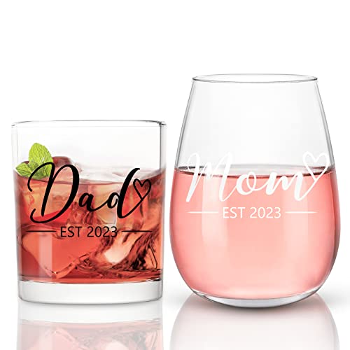 Modwnfy Mom & Dad Est 2023 Stemless Wine Glass and Whiskey Glass Set, New Parents Gift for Christmas Baby Shower Mother's Day Father's Day Anniversary, New Mom New Dad Gift for Daily Use