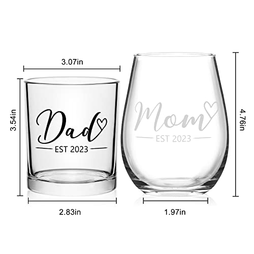 Modwnfy Mom & Dad Est 2023 Stemless Wine Glass and Whiskey Glass Set, New Parents Gift for Christmas Baby Shower Mother's Day Father's Day Anniversary, New Mom New Dad Gift for Daily Use