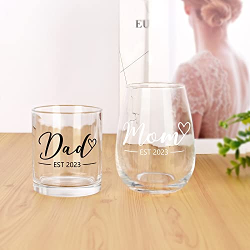 Modwnfy Mom & Dad Est 2023 Stemless Wine Glass and Whiskey Glass Set, New Parents Gift for Christmas Baby Shower Mother's Day Father's Day Anniversary, New Mom New Dad Gift for Daily Use