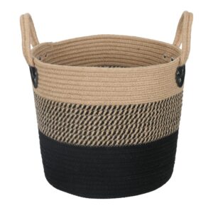 zoes homeware 14"x12" natural jute rope woven storage basket with handles for plant, blankets,toys - living room home decor,multifunctional basket for organizer,picnic,artificial tree black and beige