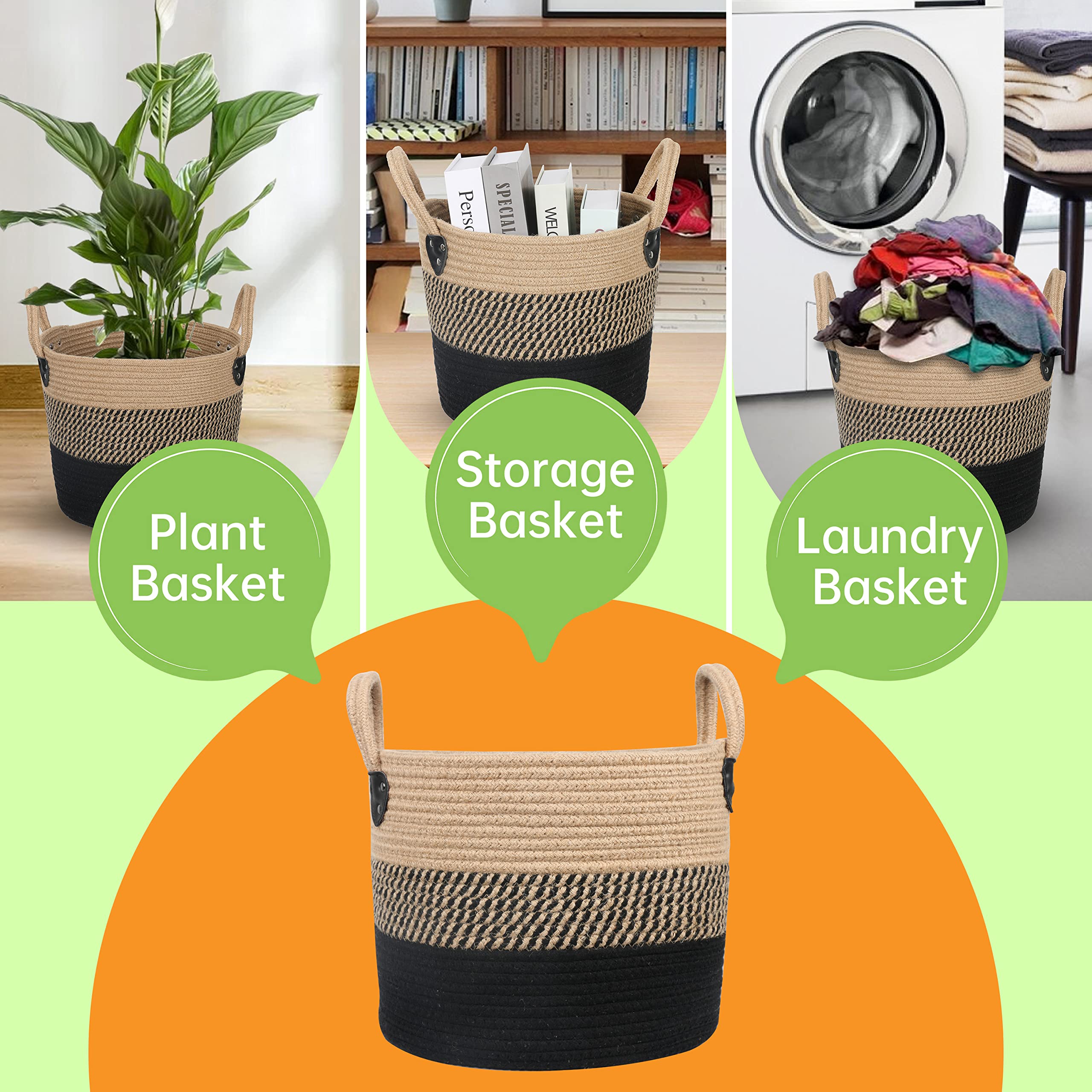 ZOES HOMEWARE 14"x12" Natural Jute Rope Woven Storage Basket with Handles for Plant, Blankets,Toys - Living Room Home Decor,Multifunctional Basket for Organizer,Picnic,Artificial Tree Black and Beige