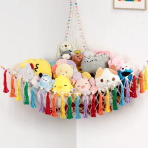 d-fantix stuffed animal storage hammock, boho macrame tassels, corner toy holder, hanging net organizer for nursery & kids room