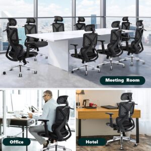Ergonomic Office Chair, High Back Mesh Executive Chair with Lumbar Support, Adjustable Seat Depth, 3D Armrest & Headrest, Comfy Computer Desk Chair with Metal Base, for Gaming, Hotel, Black