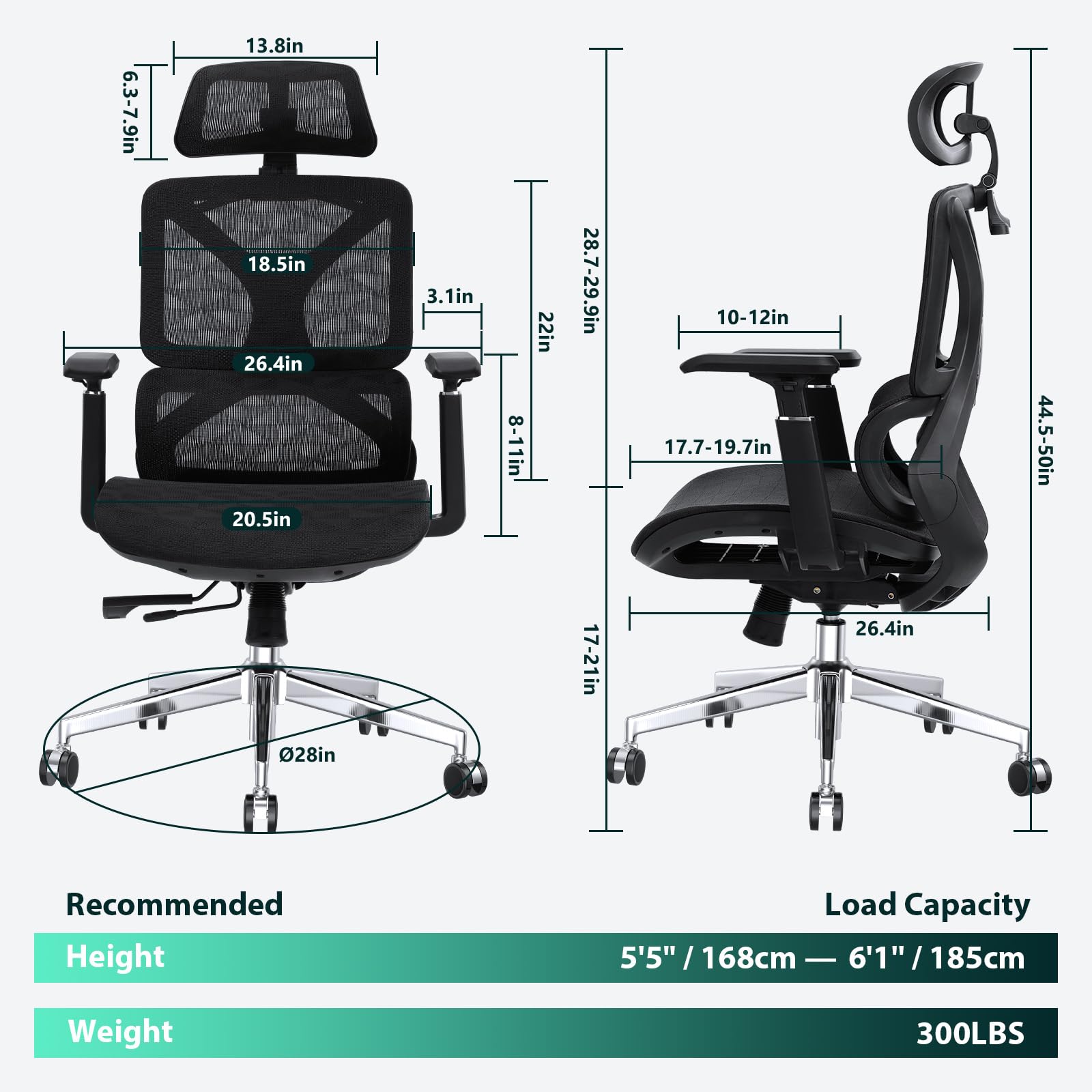 Ergonomic Office Chair, High Back Mesh Executive Chair with Lumbar Support, Adjustable Seat Depth, 3D Armrest & Headrest, Comfy Computer Desk Chair with Metal Base, for Gaming, Hotel, Black