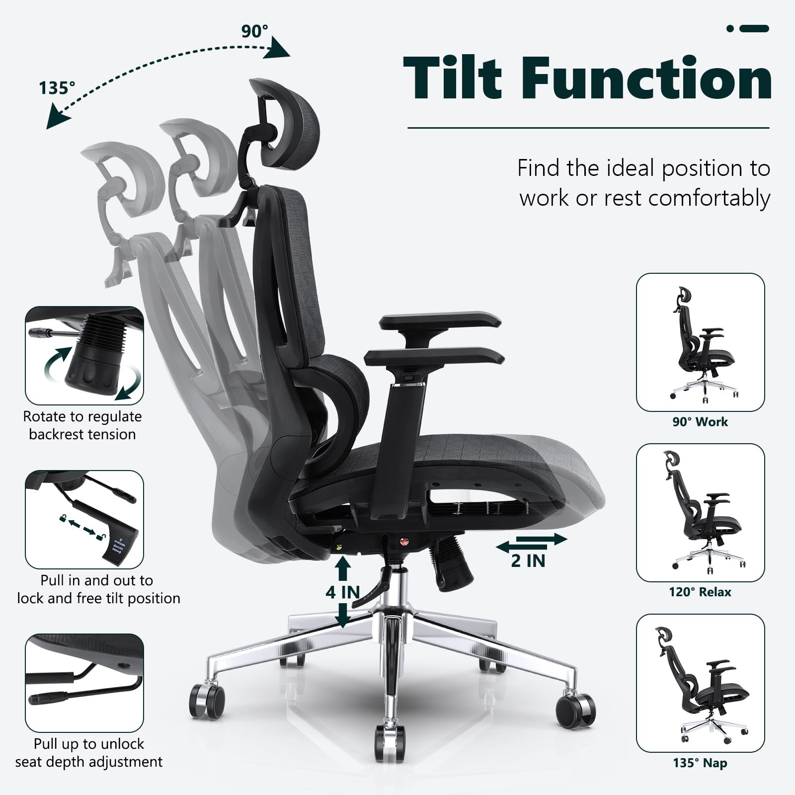 Ergonomic Office Chair, High Back Mesh Executive Chair with Lumbar Support, Adjustable Seat Depth, 3D Armrest & Headrest, Comfy Computer Desk Chair with Metal Base, for Gaming, Hotel, Black