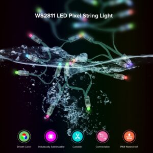 SEZO WS2811 Diffused String Light 12mm 50PCS/Set DC5V Individually Addressable Dream Color RGB LED Pixels Module for Party Outdoor Advertising Decor Christmas IP68 Waterproof (Green Wire)