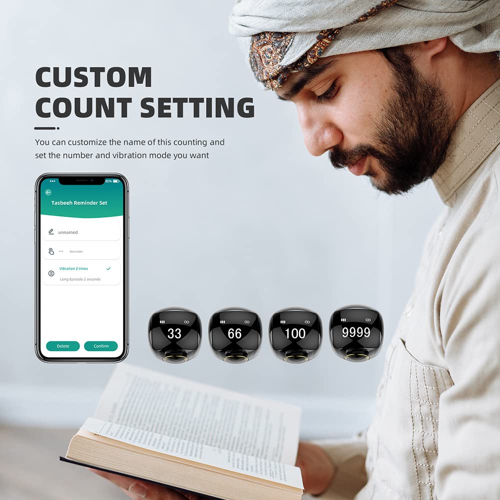 Equantu Smart Tasbih Prayer Counter, IP7 Waterproof Smart Qibla Ring, 5 Prayer Time Reminder | OLED Display | Custom Count Setting | Tasbih Counter, Muslim Gift for All Ages (22mm, Ceramic - Black)