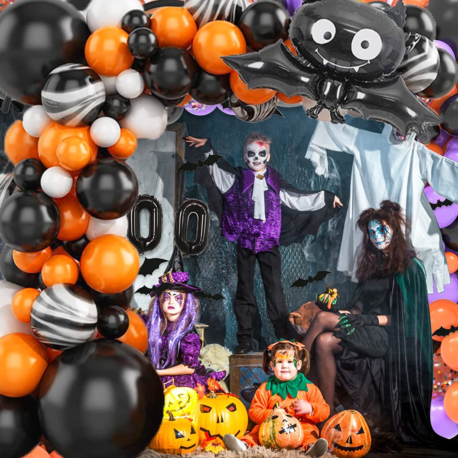 Halloween Balloons Garland Kit, Halloween Spider Web Black Orange Gray Balloons Spider Balloons for Halloween Day Party Kids Birthday House Party Haunted House Decorations