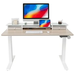 fezibo 48 x 24 inch height adjustable glass electric standing desk with double drawer, stand up desk with storage shelf, sit stand desk, light walnut