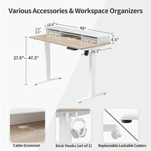 FEZIBO 48 x 24 Inch Height Adjustable Glass Electric Standing Desk with Double Drawer, Stand Up Desk with Storage Shelf, Sit Stand Desk, Light Walnut