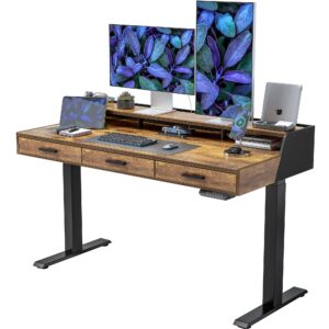 fezibo electric standing desk with drawers, 55x26 inch standing desk adjustable height, stand up desk with monitor shelf, sit stand home office desk, rustic brown