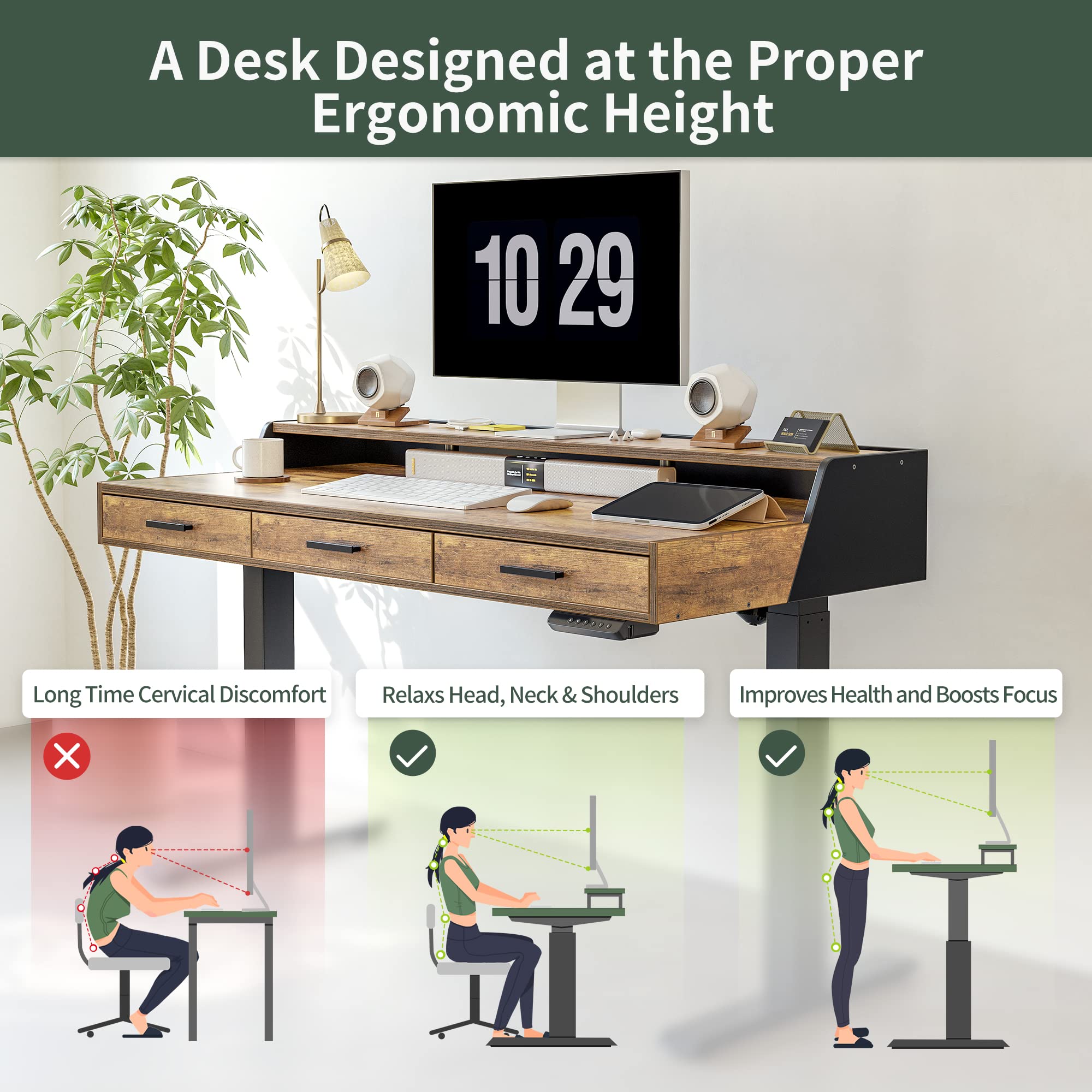 FEZIBO Electric Standing Desk with Drawers, 55x26 Inch Standing Desk Adjustable Height, Stand Up Desk with Monitor Shelf, Sit Stand Home Office Desk, Rustic Brown