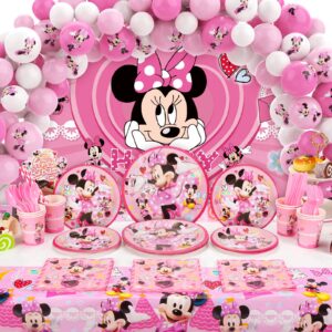 pink mouse birthday party supplies decorations, mouse theme backdrop,pink mouse tablecloth balloons kit cups plates napkins tableware set for kids birthday party supplies party favor