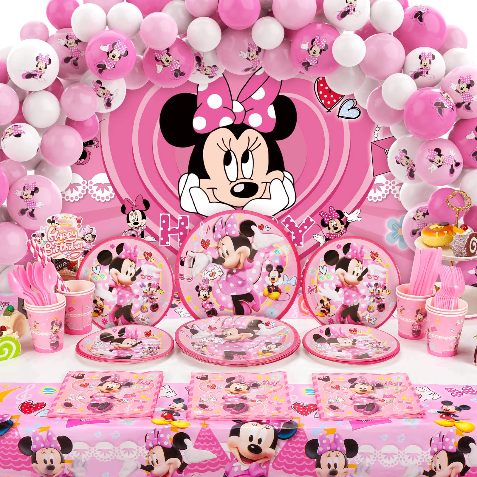 Pink Mouse Birthday Party Supplies Decorations, Mouse Theme Backdrop,Pink Mouse Tablecloth Balloons Kit Cups Plates Napkins Tableware Set for Kids Birthday Party Supplies Party Favor