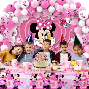 Pink Mouse Birthday Party Supplies Decorations, Mouse Theme Backdrop,Pink Mouse Tablecloth Balloons Kit Cups Plates Napkins Tableware Set for Kids Birthday Party Supplies Party Favor