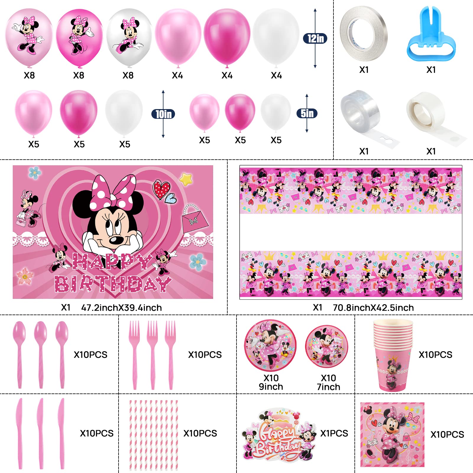 Pink Mouse Birthday Party Supplies Decorations, Mouse Theme Backdrop,Pink Mouse Tablecloth Balloons Kit Cups Plates Napkins Tableware Set for Kids Birthday Party Supplies Party Favor