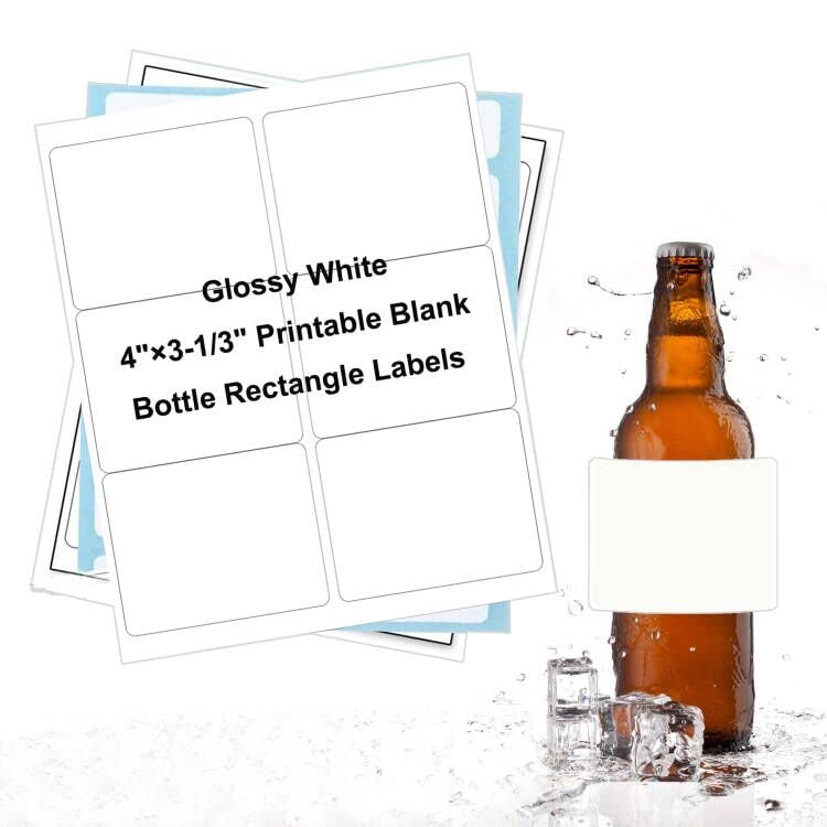 4 x 3-1/3 inch Glossy White Waterproof Wine Bottle Labels, 120 Labels Printable Blank Rectangle Labels,Oil-Resistant Rectangle Vinyl Wine Labels for Inkjet/Laser Printer