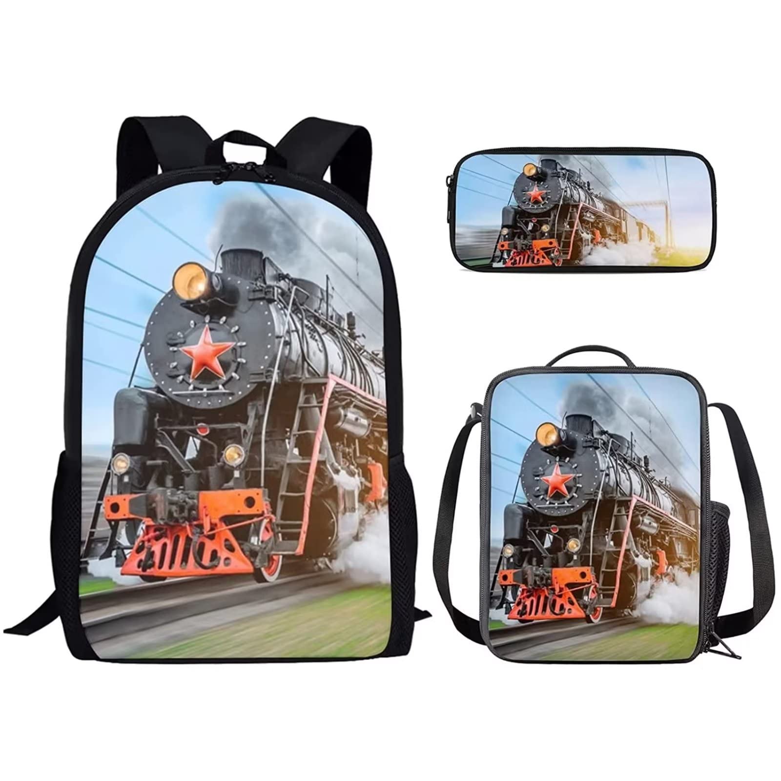 Belidome Train Backpack with Lunch Box Kit Pencil Case for Kids Boy Girl School Book Bag Set of 3, Back to School Gifts, Lightweight