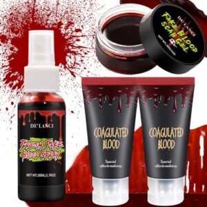 fake blood washable, fake blood makeup kits- fake blood spray(50ml), fake coagulated blood (30g),stage blood(60ml),halloween makeup for clothes,face,body paint,vampire,zombie,clown,monster,consumes