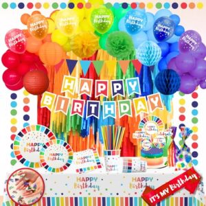 489 pieces happy birthday decorations kit, all-in-1 festive party decor supplies package for boys and girls with rainbow balloon arch kit, banner, plates & cups for 25 guests - multicolor