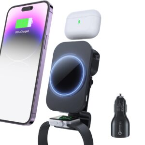 makaqi 3 in 1 magnetic wireless car charger, car charger mount for iphone/apple watch/airpods, car phone holder only support with iphone15/14/13/12 pro max, apple watch se 7/6/5/4/3/2, airpods (black)