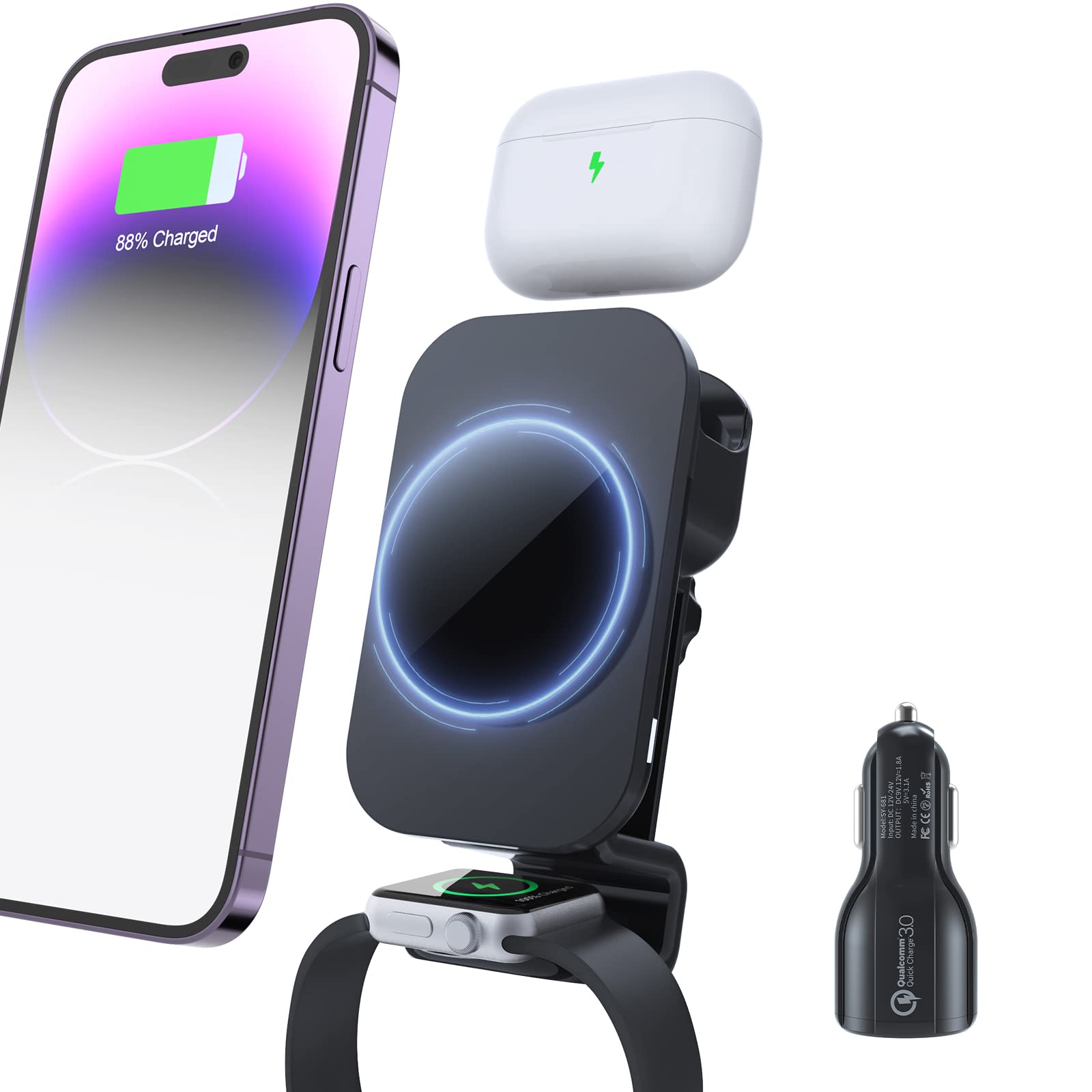 MAKAQI 3 in 1 Magnetic Wireless Car Charger, Car Charger Mount for iPhone/Apple Watch/Airpods, Car Phone Holder Only Support with iPhone15/14/13/12 Pro Max, Apple Watch SE 7/6/5/4/3/2, AirPods (Black)