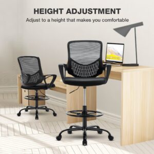 JHK Tall, Standing, Counter Computer, Mid-Back Mesh Office Drafting Chair with Armrests, Height Adjustable Foot Ring for Adults, Black