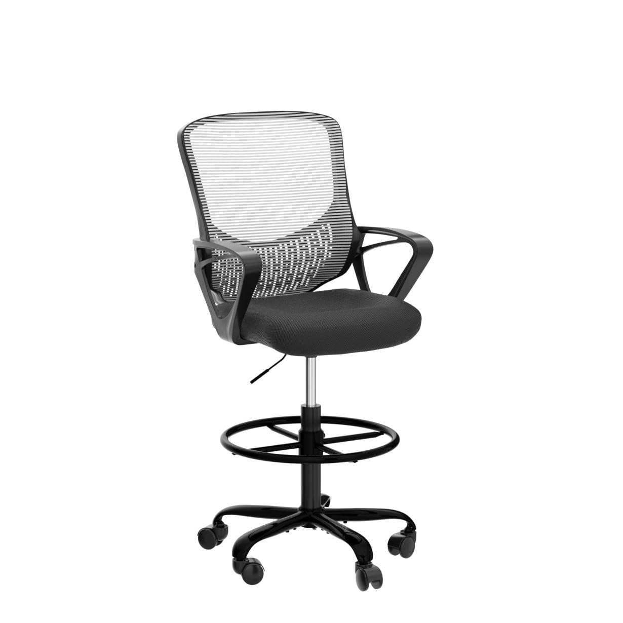 JHK Tall, Standing, Counter Computer, Mid-Back Mesh Office Drafting Chair with Armrests, Height Adjustable Foot Ring for Adults, Black