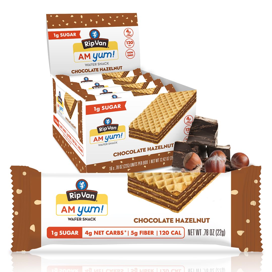 Rip Van AM YUM Chocolate Hazelnut - Keto Snacks - Non-GMO - Healthy -Low Calorie, Low Carb & Low Sugar (1g) - 16 Count