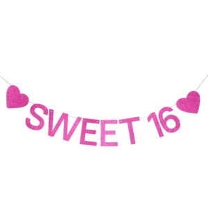 16th birthday party decorations for girls hot pink sweet 16 glitter birthday banner happy 16 years old birthday decor supplies birthday gift photo backdrop