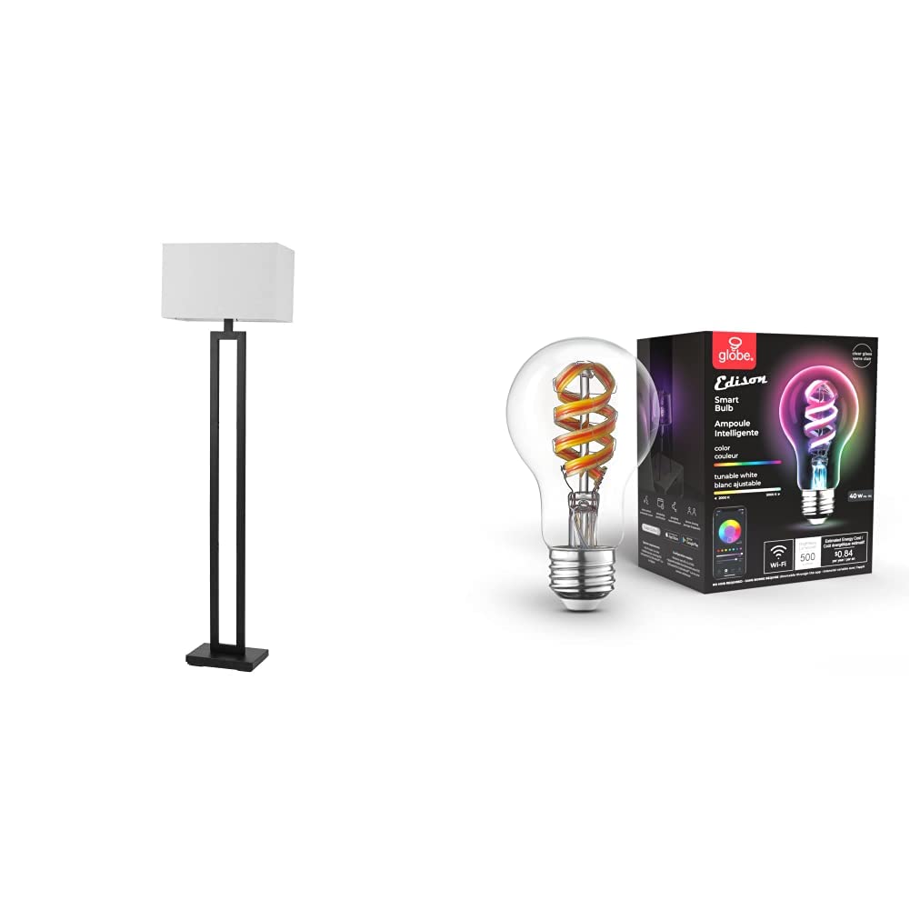 Globe Electric 67046 D'Alessio 58" Matte Black Floor Lamp with White Linen Shade + 35850 Wi-Fi Smart 7W (40W Equivalent) Multicolor Changing RGB Tunable White Clear LED Light Bulb, A19 Shape, E26 Base