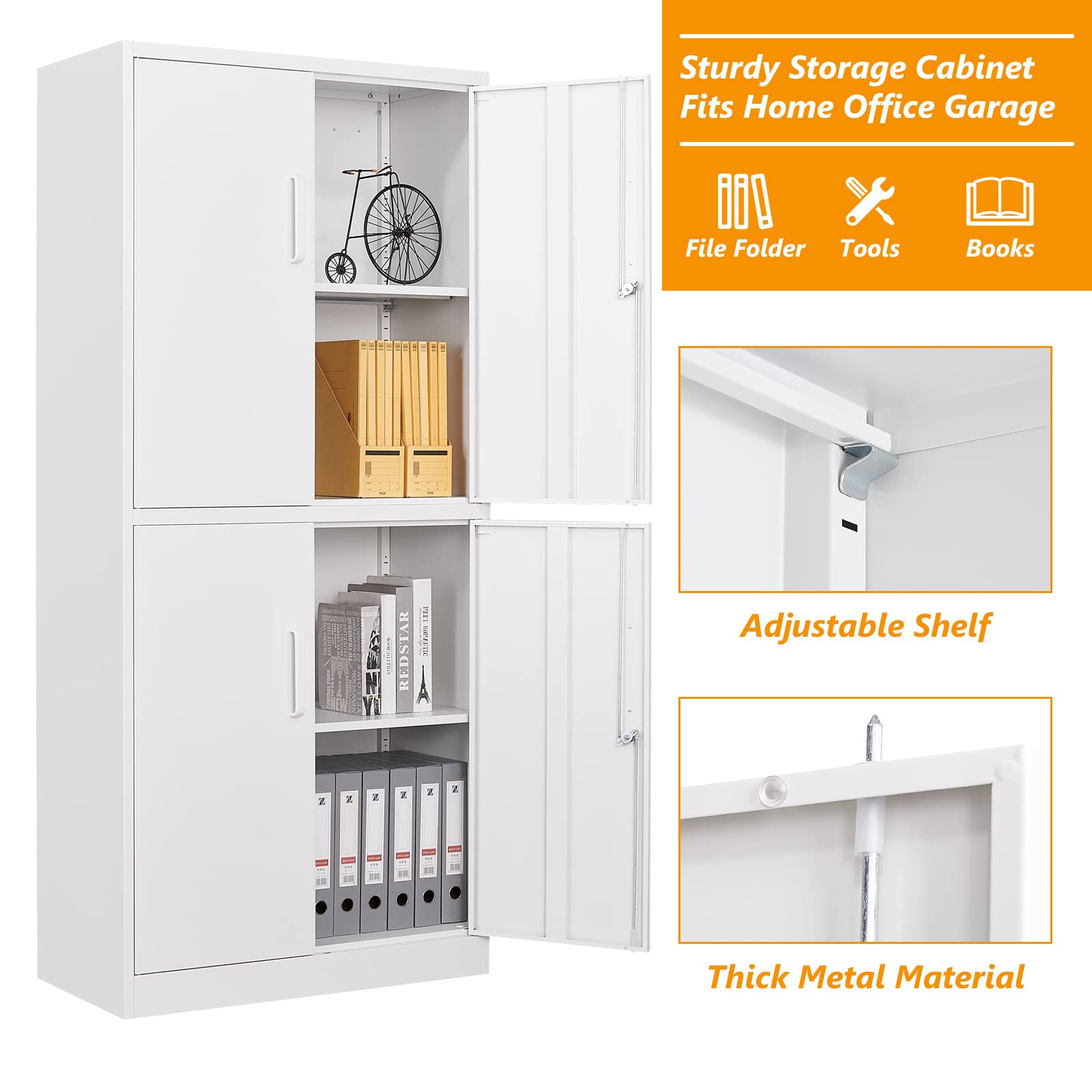 STANI Metal Storage Cabinet, Locking Steel Storage Cabinet with 4 Doors and 2 Adjustable Shelves, 71" Steel Lockable File Cabinet, Tall Steel Cabinet for Home Office,Garage,School (White)