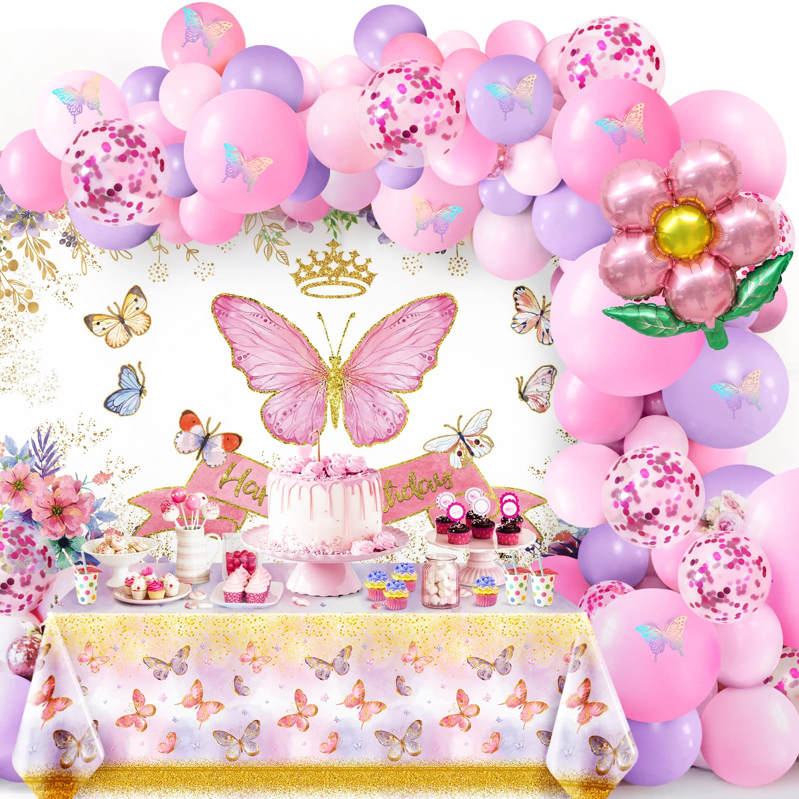 Butterfly Theme Party Decorations, Butterfly Birthday Decorations with Pink Purple Balloon Arch Kit Butterfly Photography Backdrop Banner and Tablecloth for Girls Women Birthday Party Decor