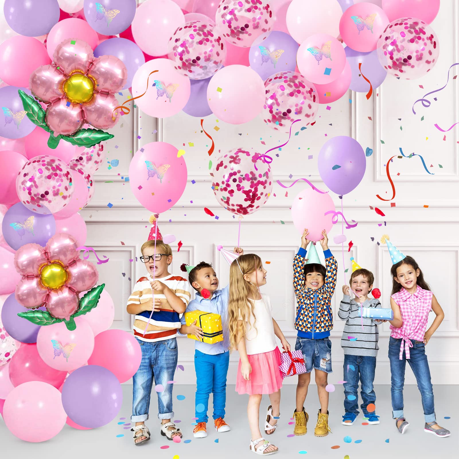 Butterfly Theme Party Decorations, Butterfly Birthday Decorations with Pink Purple Balloon Arch Kit Butterfly Photography Backdrop Banner and Tablecloth for Girls Women Birthday Party Decor