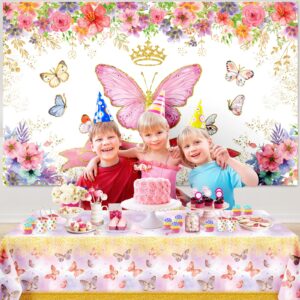 Butterfly Theme Party Decorations, Butterfly Birthday Decorations with Pink Purple Balloon Arch Kit Butterfly Photography Backdrop Banner and Tablecloth for Girls Women Birthday Party Decor